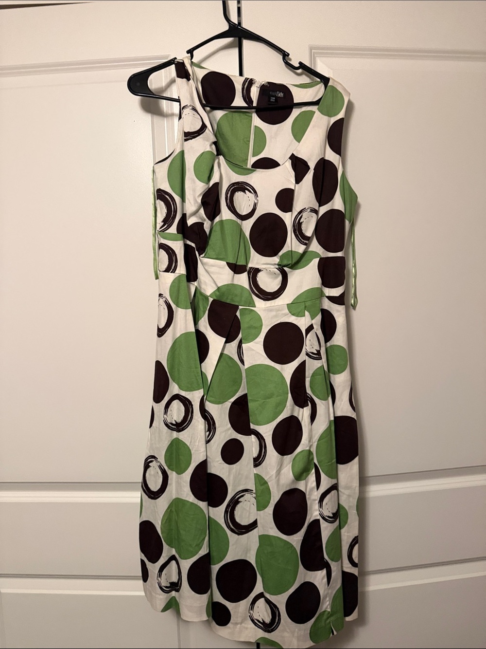 East 5th White Sleeveless Dress with Green and Brown Polka Dots